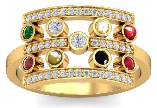 This ring has all the 9 stones that guide the different planets being Emerald, Yellow Sapphire, Pearl, Coral, Ruby, Cats Eye Chrysoberyl, Diamond, Sapphire, and Hessonite Garnet