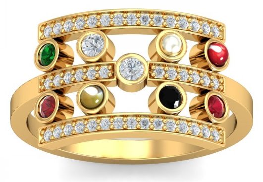 This ring has all the 9 stones that guide the different planets being Emerald, Yellow Sapphire, Pearl, Coral, Ruby, Cats Eye Chrysoberyl, Diamond, Sapphire, and Hessonite Garnet