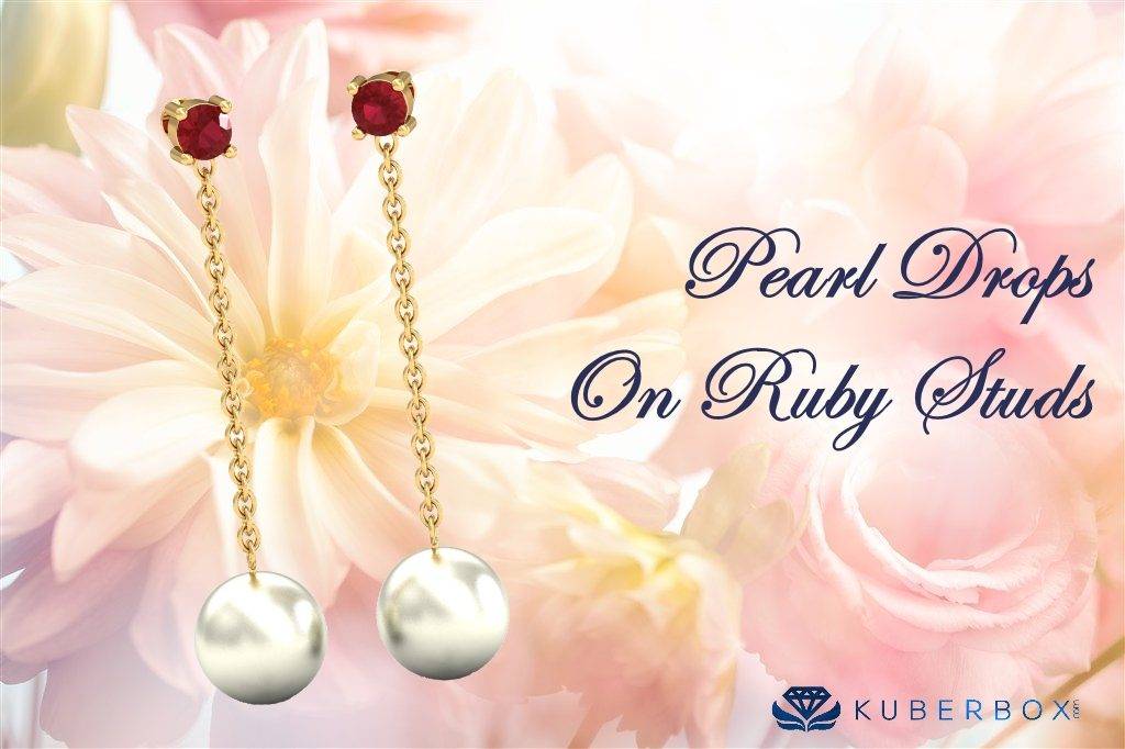 Pearl drops with chain on ruby studs