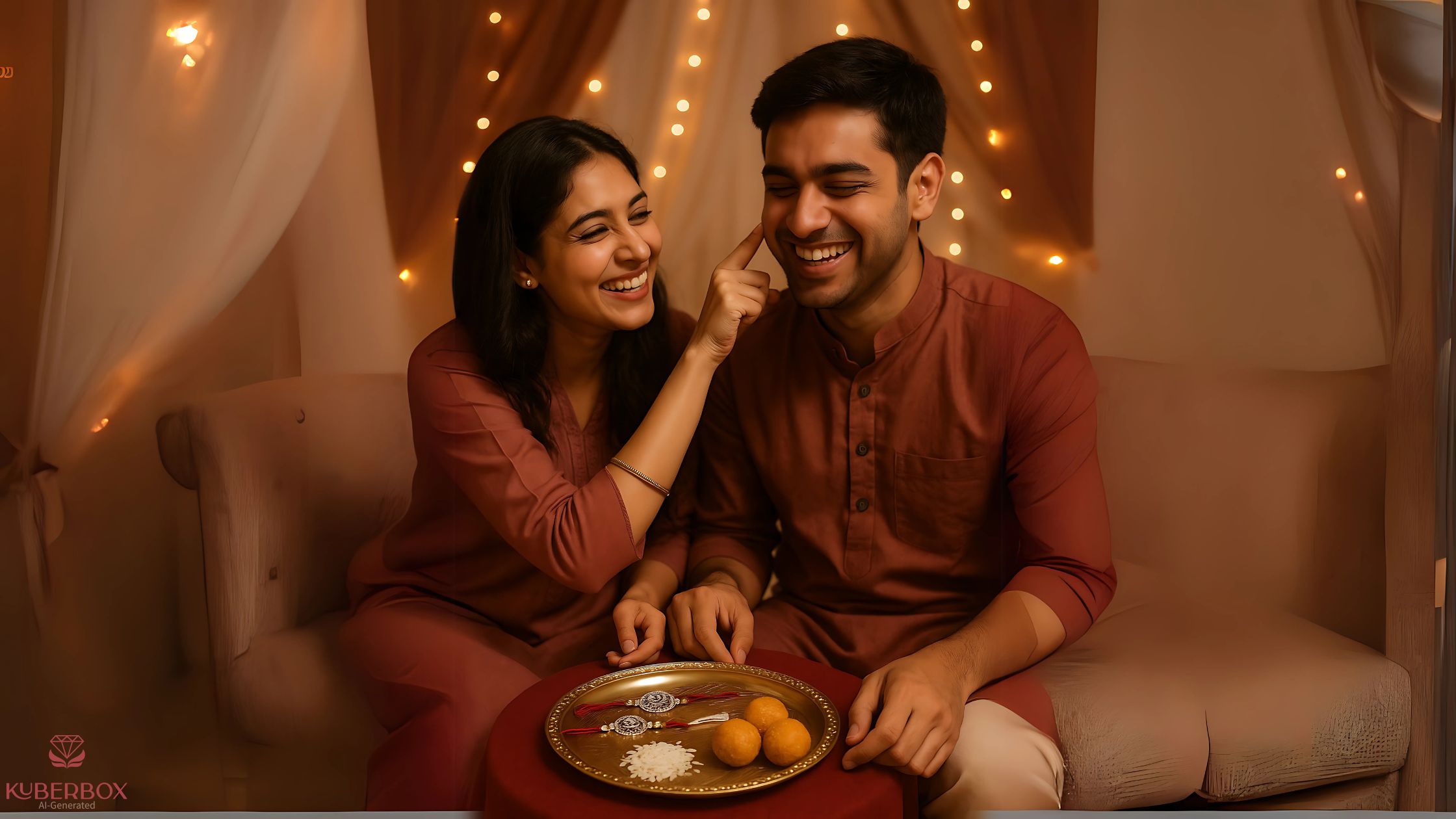 Brother and sister celebrating Raksha Bandhan with silver rakhi and thali – KuberBox silver rakhis online