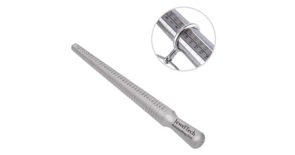 Aluminium ring sizer stick, an aluminium stick to measure ring size at home, different ring sizes written along the stick